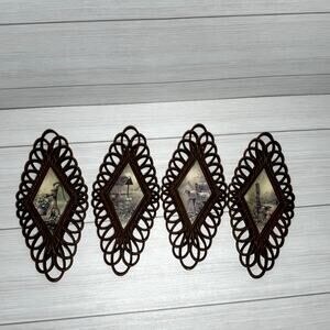 Vintage Rustic Farmhouse Wall Decor Set 4‎ Diamond Shaped Pictures Country Scene